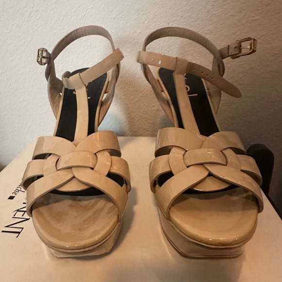 YSL Saint Laurent Powder Beige Patent Tribute Platform Sandals Size 38 Worn 1x - Picture 5 of 9